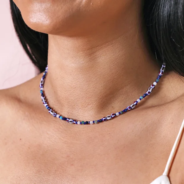 Blue Stone Multicoloured Beaded Necklace Blue Stone Multicoloured Beaded Necklace