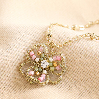 Gold Stainless Steel Beaded Flower Pendant Necklace