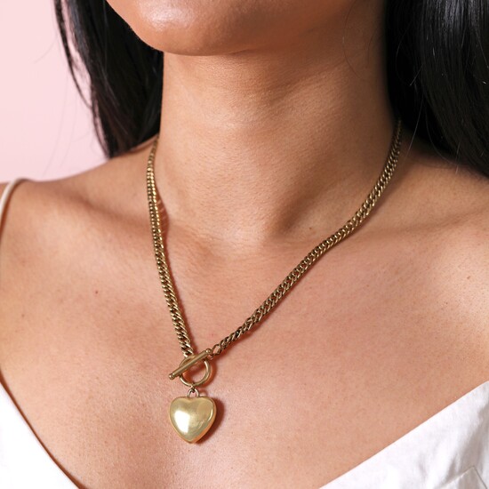 Gold Stainless Steel Chunky Toggle and Heart Pendant Necklace