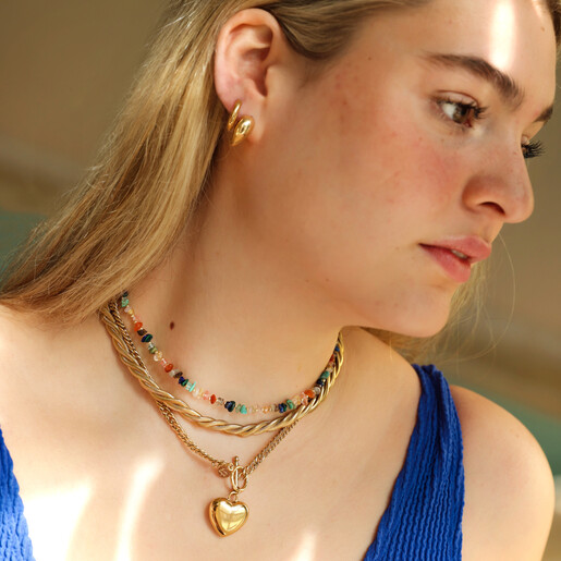 Gold Stainless Steel Chunky Triple Snake Chain Necklace on Curated Model Look