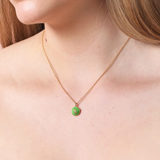 Green Enamel Organic Leaf Pendant Necklace in Gold