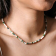 Close Up of Gold Stainless Steel Green Semi-Precious Stone Beaded Necklace on Model