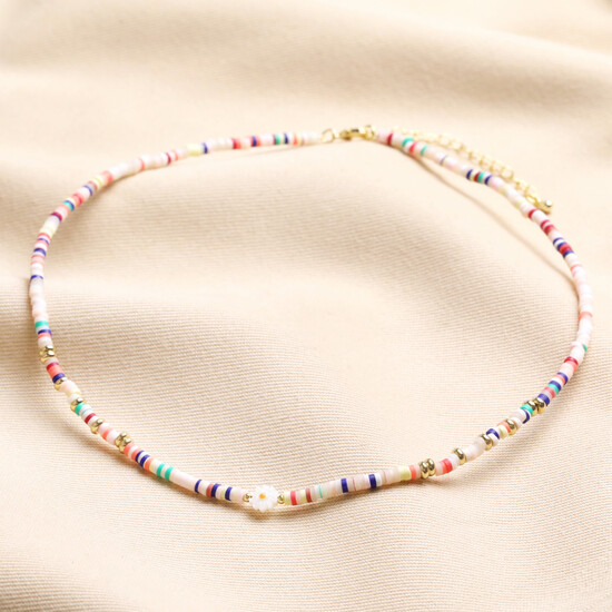 Multicoloured Heishi and Daisy Charm Beaded Necklace in Gold