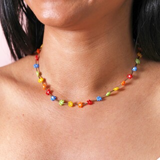 Multicoloured Daisy Beaded Necklace in Gold