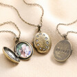 Personalised Photo Antiqued Crystal Star Oval Locket Necklace with engraving and photo inside on top of beige fabric