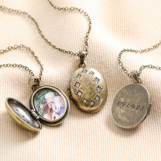 Personalised Photo Antiqued Crystal Star Oval Locket Necklace