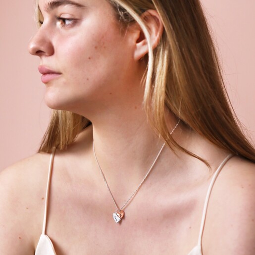 Personalised Mixed Metal Textured Double Heart Necklace in Silver on Model