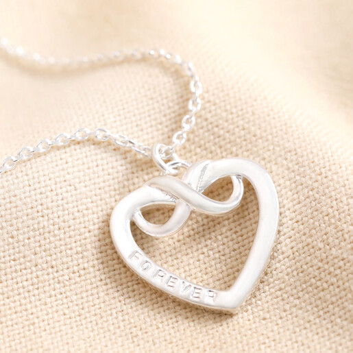 Clean Engraving Personalised Sterling Silver Infinity Heart Pendant Necklace with clean engraving against neutral material
