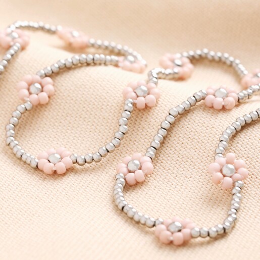 Silver Stainless Steel Pink Daisy Beaded Necklace Silver Stainless Steel Pink Daisy Beaded Necklace