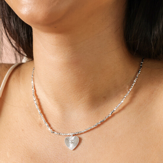 Sunbeam Heart Pendant Beaded Necklace in Silver