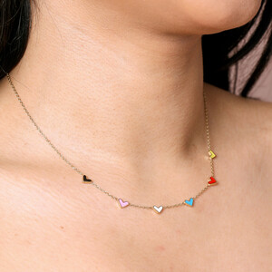 Gold Stainless Steel Rainbow Enamel Tiny Heart Charm Necklace