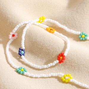White And Multi Colour Daisy Beaded Necklace 
