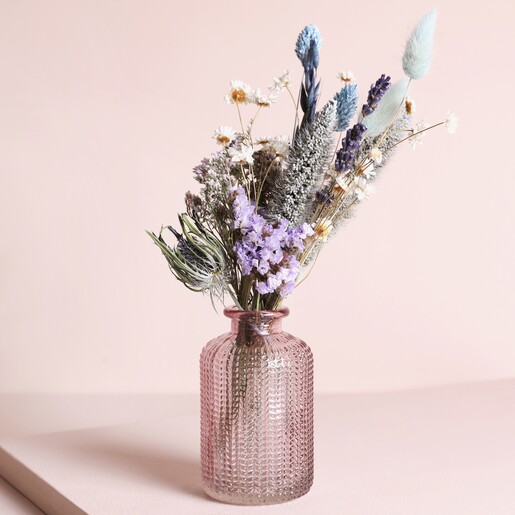 Spring Sunrise Dried Flower Posy with Vase against pink backdrop