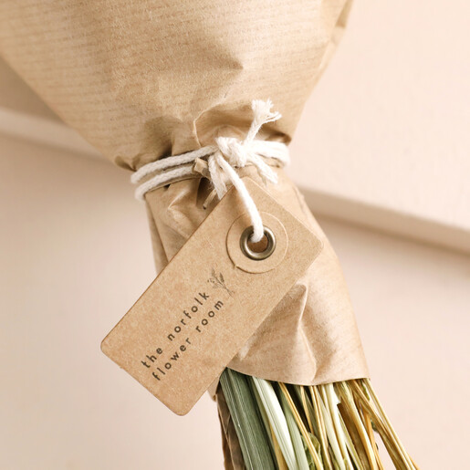 Close up of tag on Natural Market Style Dried Flower Bouquet