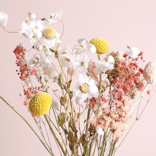 Close up of arranged flowers in vase from Peachy Haze Dried Flowers Letterbox Gift