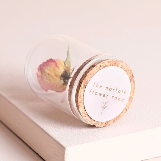 Bottom of Mini Rose Dried Flower Glass Dome showing the Norfolk flower room sticker