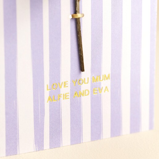 Close Up Close up of personalisation on Personalised Single Stem Purple Striped Greetings Card