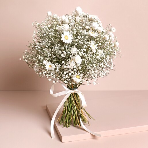 Dorothy Dried Flower Bridal Wedding Bouquet Dorothy Dried Flower Bridal Wedding Bouquet unwrapped standing on top of neutral coloured backdrop