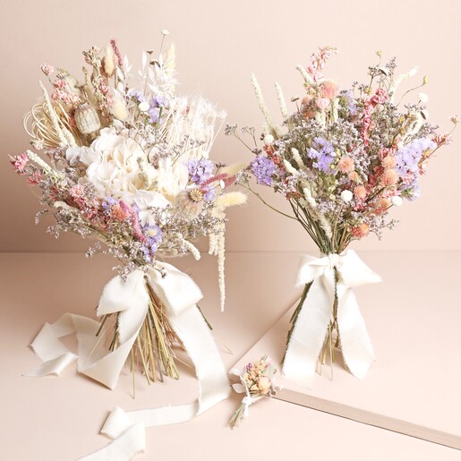Margot Dried Flower Wedding Collection Margot Dried Flower Bridal Wedding Bouquet with bridesmaid posy and buttonhole