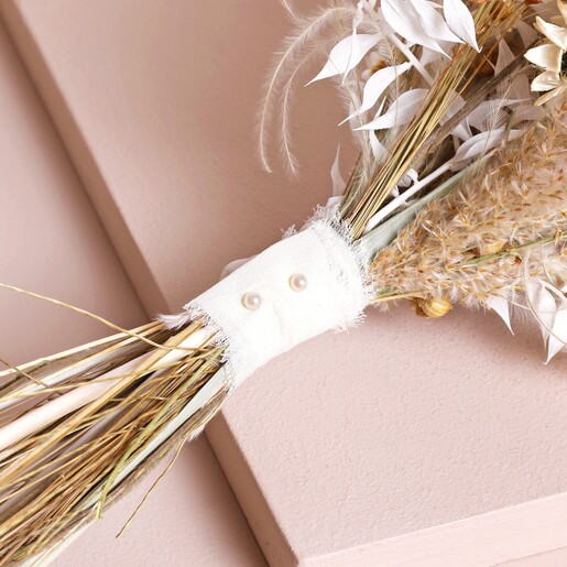 Close up of ribbon and pin fastening on Nancy Dried Flower Bridesmaid Wedding Posy