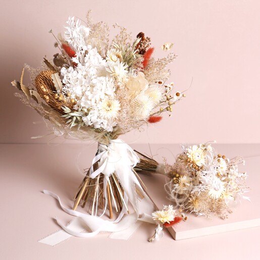 Nancy Dried Flower Bridal Wedding Bouquet with posy and buttonhole against beige backdrop