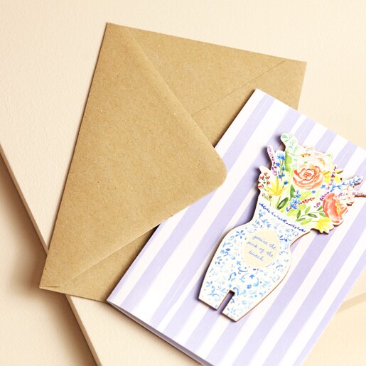 Wooden Bouquet Decoration Purple Striped Greetings Card with envelope