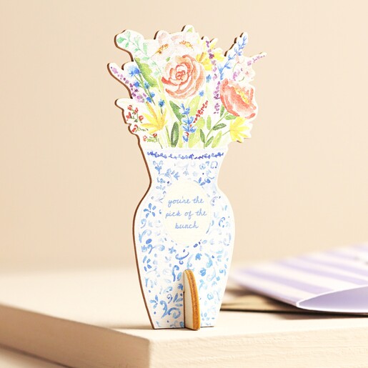 Decoration from Wooden Bouquet Decoration Purple Striped Greetings Card built on top of beige coloured backdrop