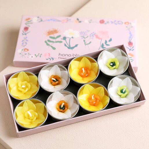 Hana Blossom Daffodil Flower Scented Tealights on Pink Surface