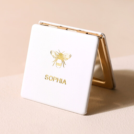 Personalised Bee Compact Mirror Personalised Bee Compact Mirror standing on top of neutral coloured background