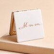 Personalised Script Name Compact Mirror with Mum Personalisation on Beige Surface