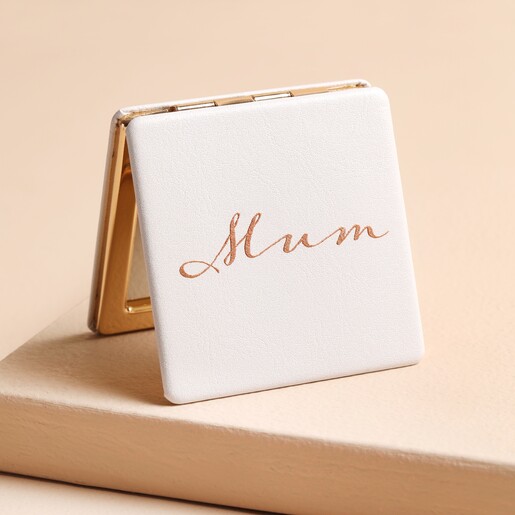 Personalised Script Name Compact Mirror with Mum Personalisation on Beige Surface