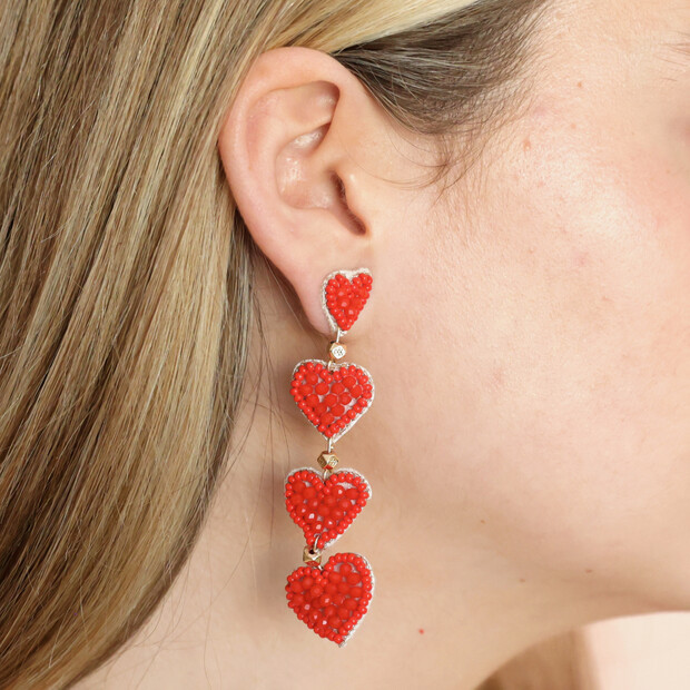 Three Hearts Drop Earrings - Red Gold main image 1