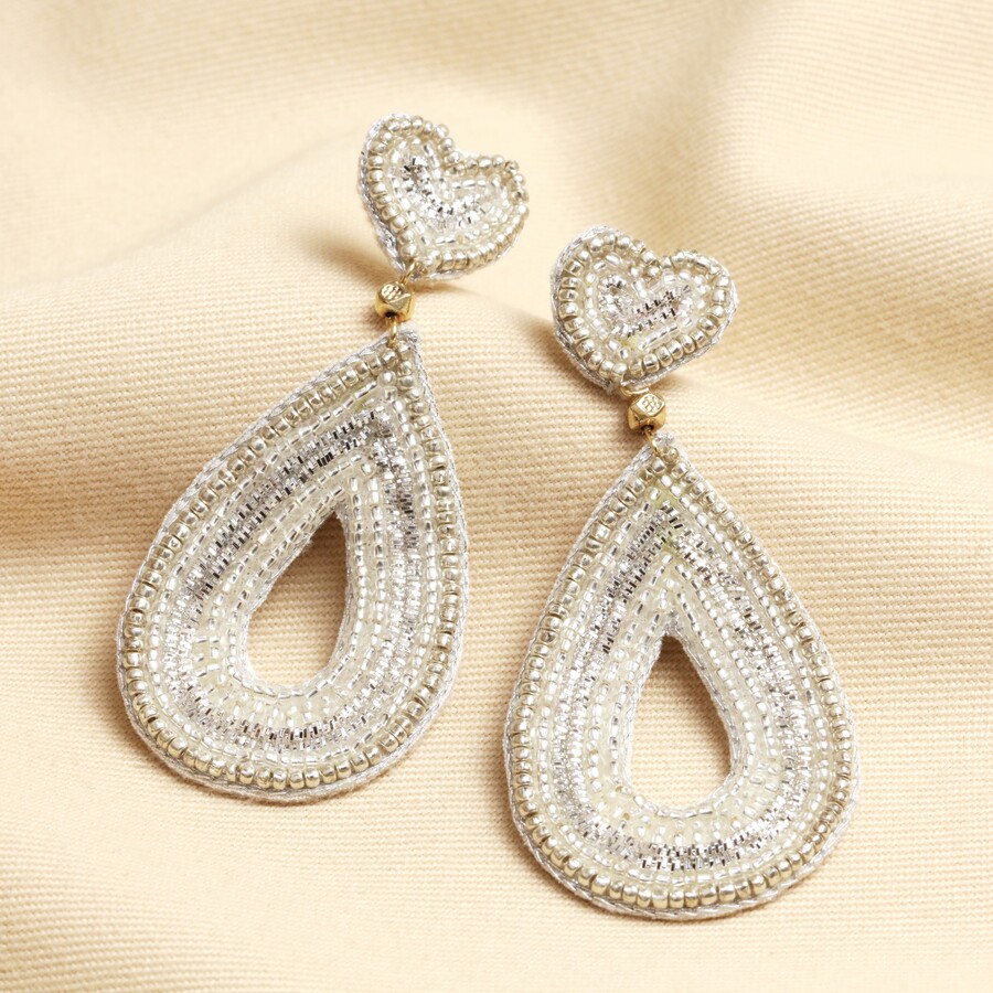 Silver Teardrop Heart Beaded Drop Earrings | My Doris | Lisa Angel