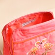 My Doris Pink Flamingo Makeup Bag open showing inside of bag