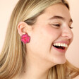 My Doris Pink Pansy Beaded Drop Earrings on model laughing