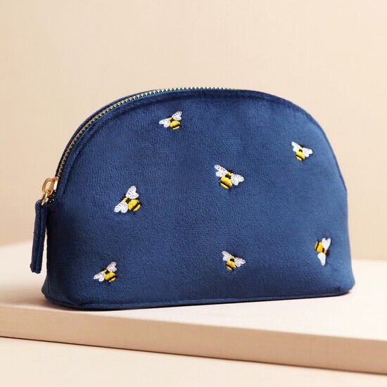 Small Navy Velvet Bee Wash Bag