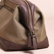 Close up of zip on Men's Canvas Wash Bag in Brown