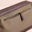Close up of zipped pocket on Men's Canvas Wash Bag in Brown
