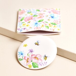 Pink Floral Bee Round Compact Mirror in Pouch