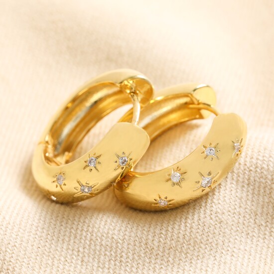 Scattered Crystal Stars Large Chunky Hoop Earrings in Gold