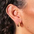 Close Up of Crystal Stars Huggie Hoop Earrings in Gold on Model