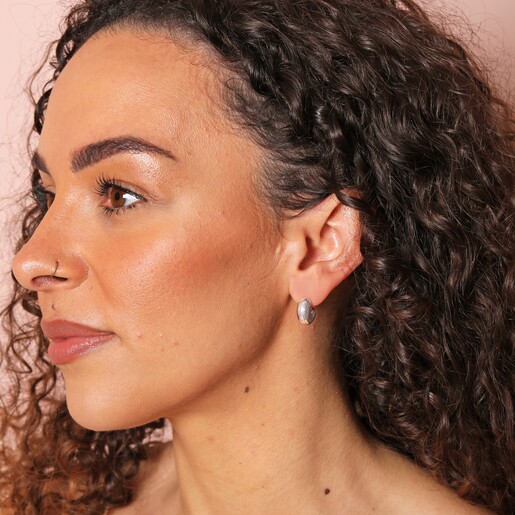 Earrings on Model Small Chunky Half Hoop Earrings in Silver on Model