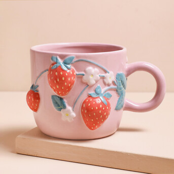 Pink Embossed Strawberry Flowers Ceramic Mug