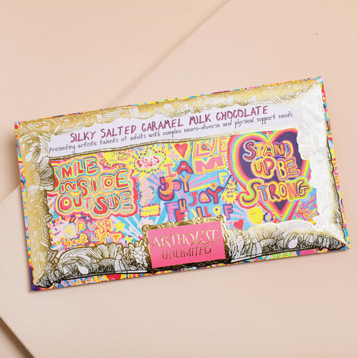 Front illustration of Arthouse Unlimited Full of Joy Silky Salted Caramel Milk Chocolate Bar on a neutral background