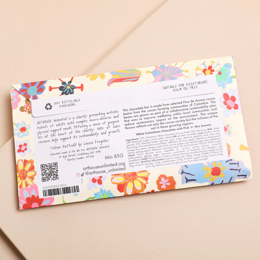 Back label with ingredients for Arthouse Unlimited Yellow Daffodil White Chocolate Bar with Assorted Pick 'n' Mix Sweets
