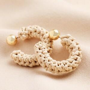 Beige Woven Hoop Earrings with Ball Backs