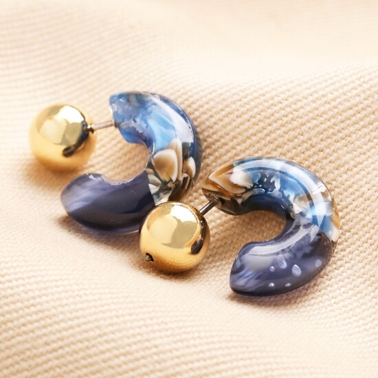 Blue Marbled Chunky Hoop Earrings in Gold