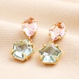 Blue and Pink Crystal Drop Earrings in Gold against beige material background