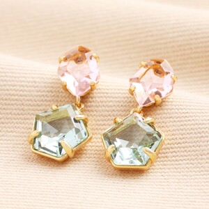 Blue and Pink Crystal Drop Earrings in Gold