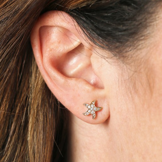Model Shot of Cubic Zirconia Starfish Stud Earrings with Pearl Backs